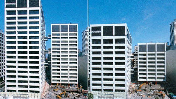 The buildings are deconstructed by jacking up the building, removing the lowest floor and then dropping the entire building.